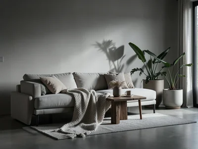 Minimalist Scandinavian living room with neutral tones, a wool throw, and potted