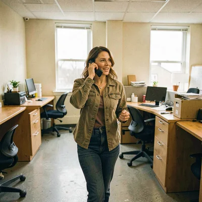 Documentary photograph, Woman founder on phone call pacing through empty office,