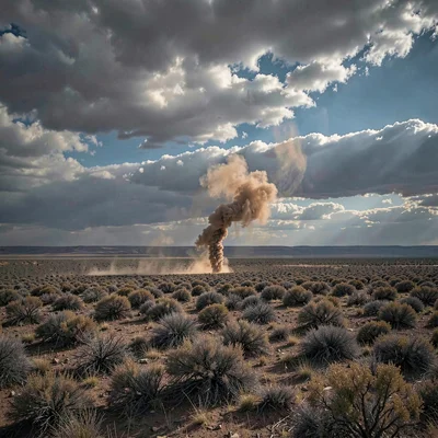 Vast horizontal landscape, extreme width composition, A dust devil spinning acro