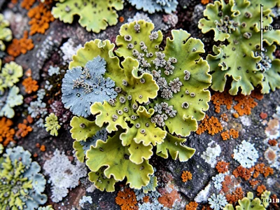 Foliose lichen ruffled edges macro, lobed leafy structure lifting from bark subs