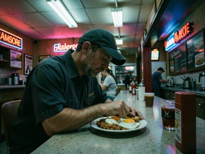 Truck driver eating eggs at diner counter