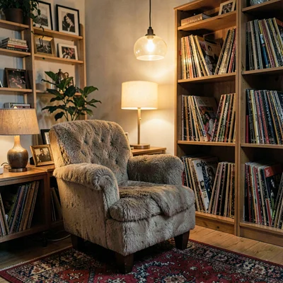 Atmospheric vertical of a thrift-store armchair next to a record shelf in the lo