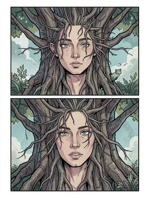 Face emerging from tree