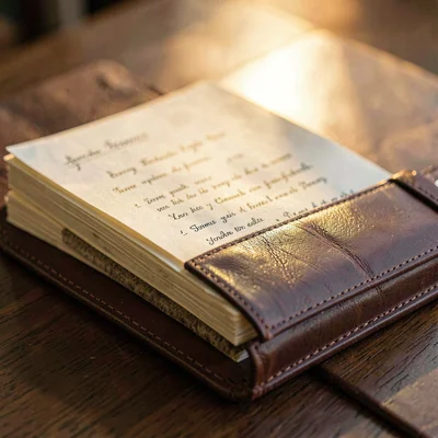 Macro of a leather portfolio holding a stack of script pages, golden-hour glow