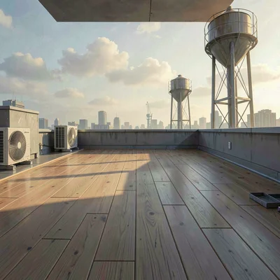 Atmospheric wide shot of a half-installed oak floor in an empty living room with