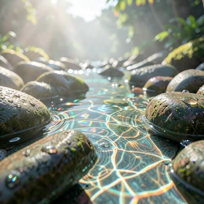 Soft diffused tropical light filtering through water vapor, Wet river stones in 
