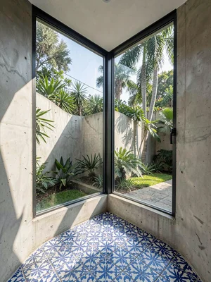 Corner window where two glass planes meet at a curve, garden visible on both sid