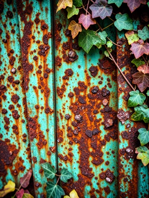 Iron cemetery gate with heavy rust and patina, autumn ivy, menacing