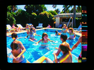 VHS recording of summer pool party, tracking lines, oversaturated blues