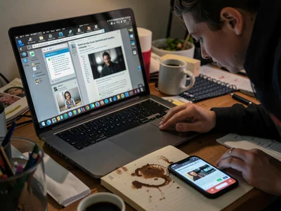 Laptop with 47 browser tabs visible, abandoned coffee ring staining notebook pag
