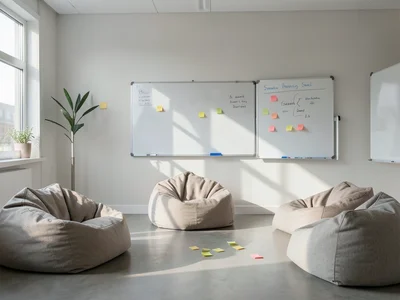 Startup office with bean bags, whiteboards, and scattered post-it notes, late af