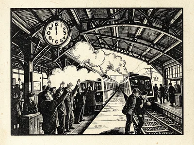 A train station platform with a departing express, steam obscuring the passenger