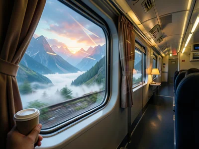 A train compartment window view from inside, the traveler's reflection ghosting 