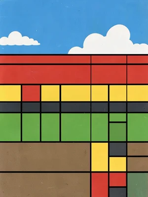 Garden path reduced to horizontal bands — earth, lawn, sky — in primary colors