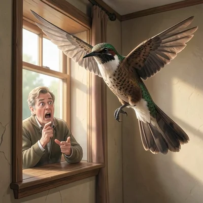 Hummingbird the size of an eagle hovering at window, shocked person inside