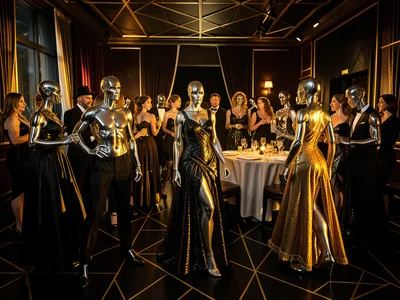 Gatsby-era party but guests are androids in flapper dresses, gold and black