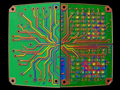 Circuit board trace pattern, copper pathways on green substrate creating organic