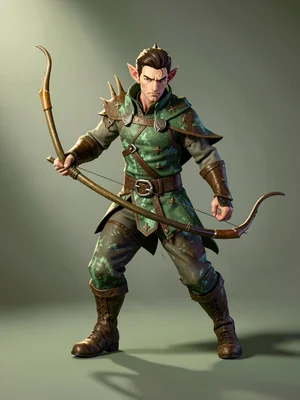 Mid-stride wood-elf scout in mottled green-and-brown leathers with antler-clasp 