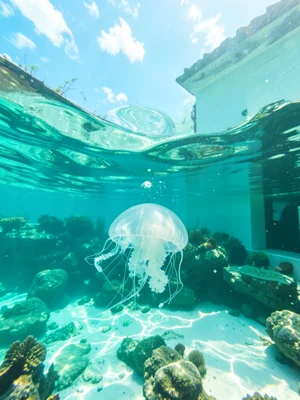 Jellyfish near the surface, translucent body catching light from both above and 
