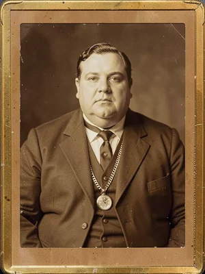 Merchant portrait — portly figure, pocket watch chain, prosperous air, full fron