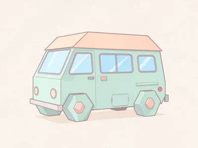 Boxy mint-green lowpoly camper van with a peach roof, sky-blue windows, and chun