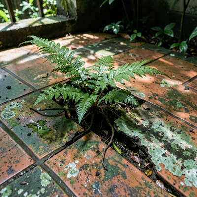Tropical weathered surfaces, humid atmosphere, Fern growing from a crack in a ti