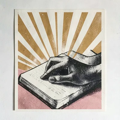 Bold screenprint design of a hand on a journal under halftone sun rays, ochre an