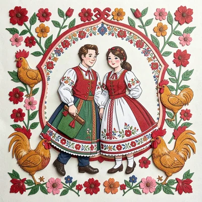 Polish wycinanki paper cut illustration, a wedding couple in traditional Polish 