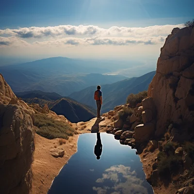 Photo On a mountaintop a hiker holds a mirror reflect