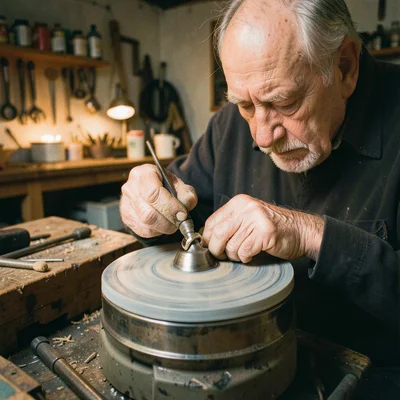 Goldsmith polishing a finished ring on a felt wheel, warm workshop light