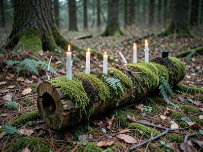 Moss-covered Yule log with candles, natural Christmas decoration, forest floor