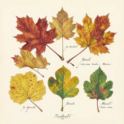 An autumn leaf plate: maple, oak, ginkgo, beech, and sweet gum leaves at peak co