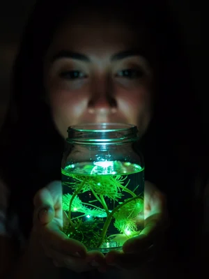 Bioluminescent algae in glass jar held by hands, face softly illuminated