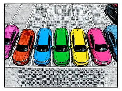 Row of cars in a parking lot, each a different primary color, aerial view