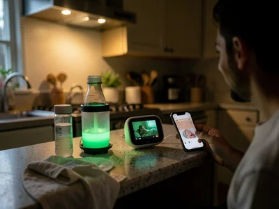 A kitchen counter at 3am during a nighttime feeding — a bottle warmer with its g