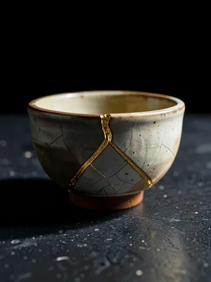 Cracked tea bowl (chawan) on dark slate — gold seam glowing in raking side light