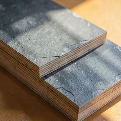 Helmar-mineralcut hard-edge composition of stacked plywood sheets in cool slate 