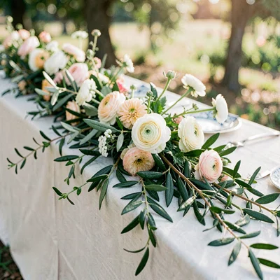 Botanical study of a long farm-table garland of olive branches, ranunculus, and 