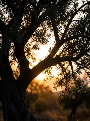 Profile silhouette containing ancient olive tree branches, Mediterranean light, 
