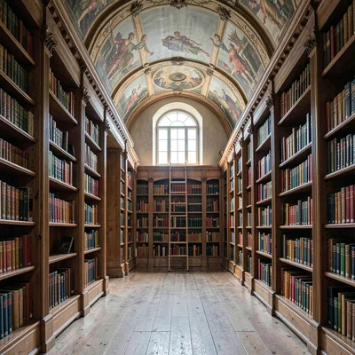 inside a Bavarian castle library at overcast noon, oak shelves climbing into a f