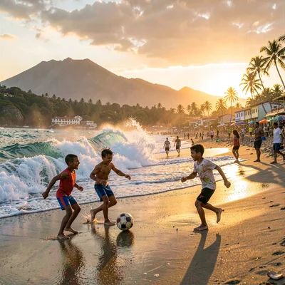 Pupusería golden hour in El Salvador, Barefoot kids playing soccer on the beach 