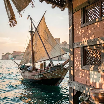Coastal architecture photograph with Swahili influences, Dhow boat triangular sa