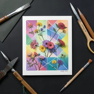 Handmade card with dried flowers pressed on paper, craft supplies around