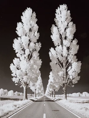 A pair of tall poplar trees flanking a French road, foliage luminous white colum