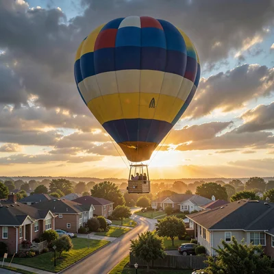Inspiring hot air balloon rising over suburban tract housing