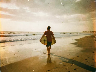 Solo surfer walking dawn beach