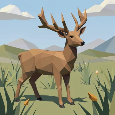 Low-poly illustration, low-poly deer in meadow , faceted geometric surfaces, tri