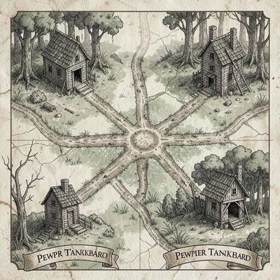 A low-fantasy village-region map with a single muddy crossroads at center, three