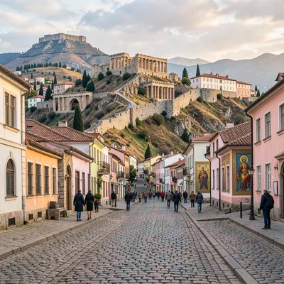 Historical layers visible simultaneously in Plovdiv, Bulgaria, cobblestone stree