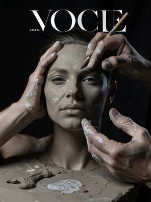 Clay face being sculpted by invisible hands, fingerprints visible, work in progr
